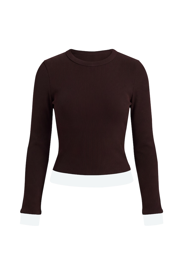 SnatchRib Double Layer Longsleeve Top, Chocolate Mousse Brown/Bright White, large
