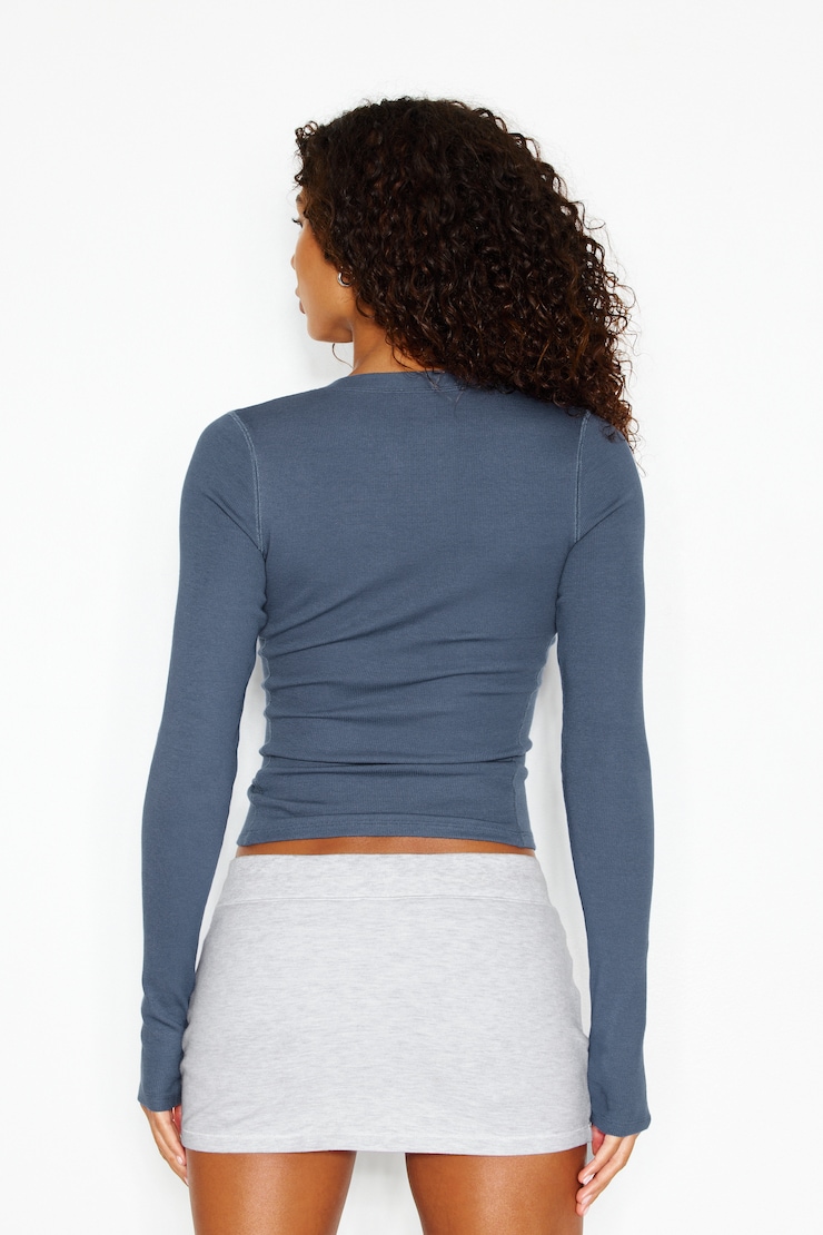 SnatchRib Crewneck Henley Long Sleeve Top, Heated Indigo, large