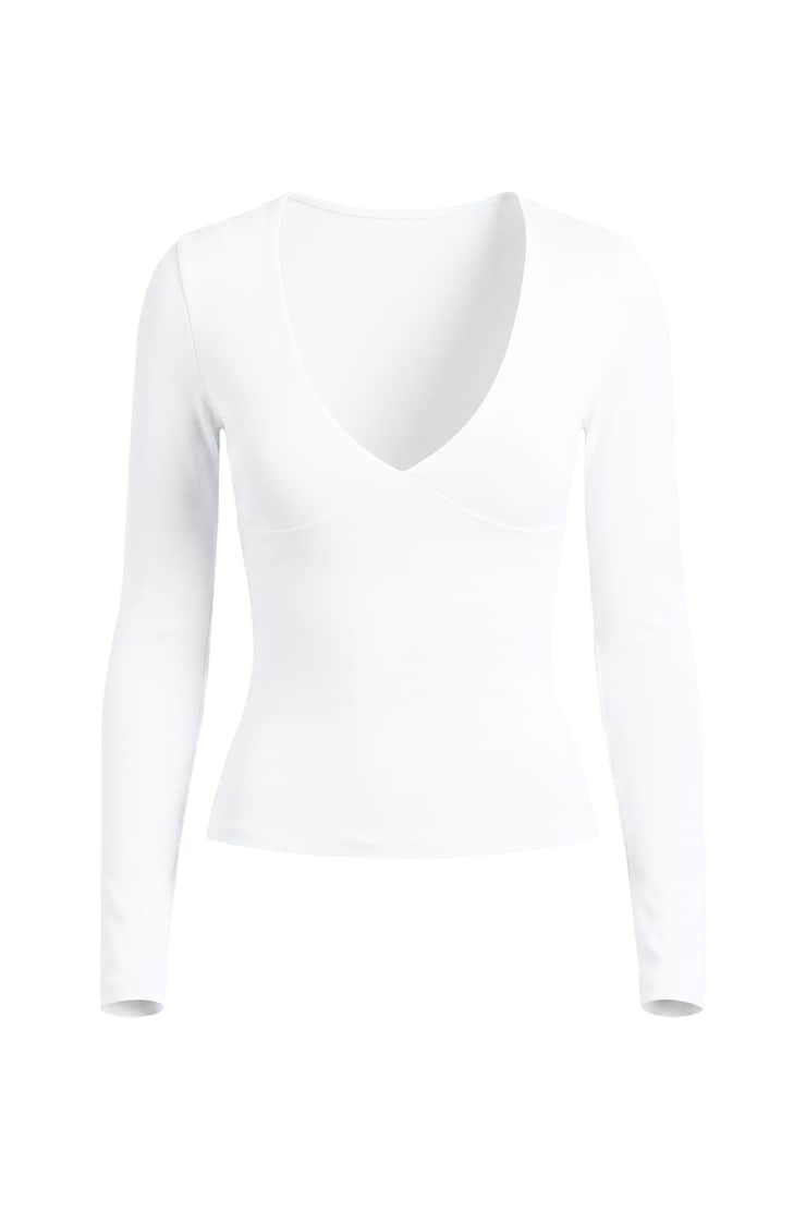 Sleek Plunge Longsleeve Top, Bright White, large