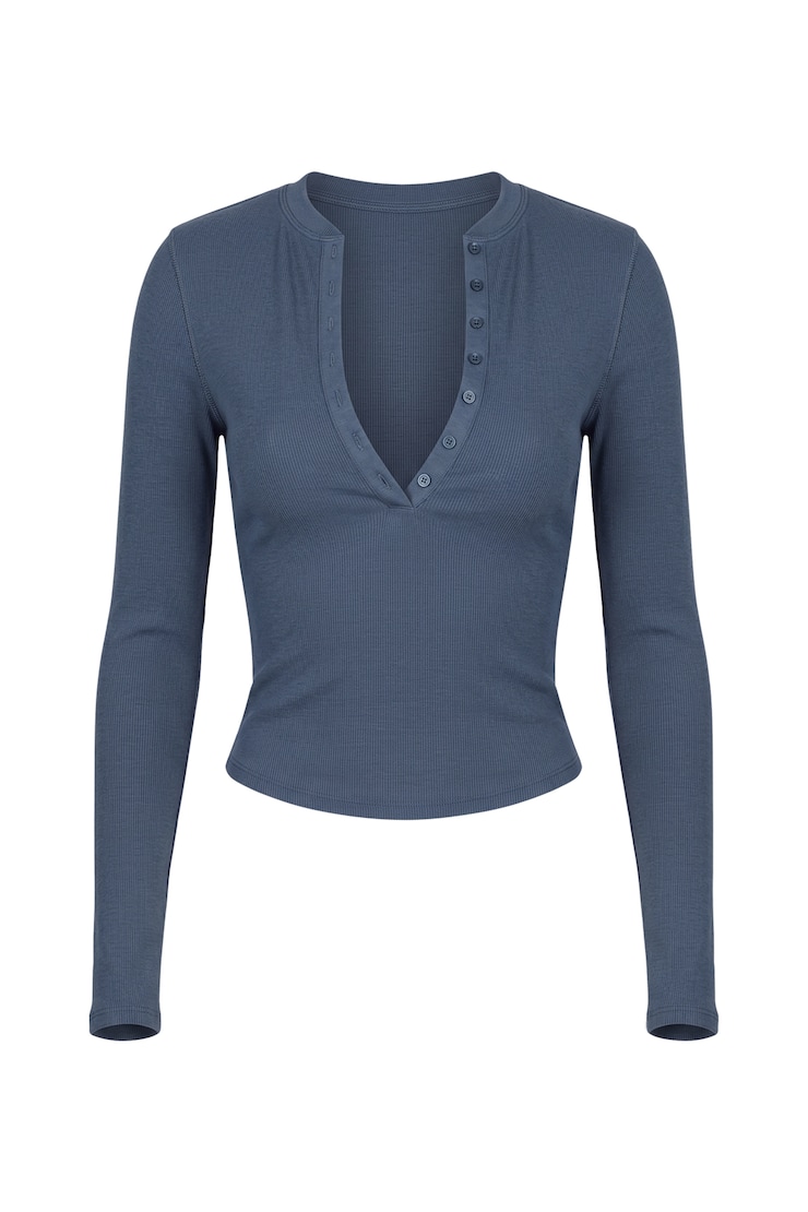 SnatchRib Crewneck Henley Long Sleeve Top, Heated Indigo, large