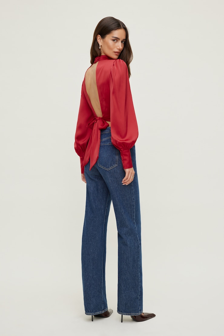 Open Back Satin Blouse Chili Pepper Red large