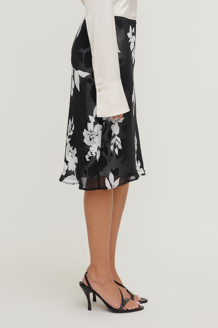 Jupe midi imprimée en satin et georgette Fleuri noir et blanc large