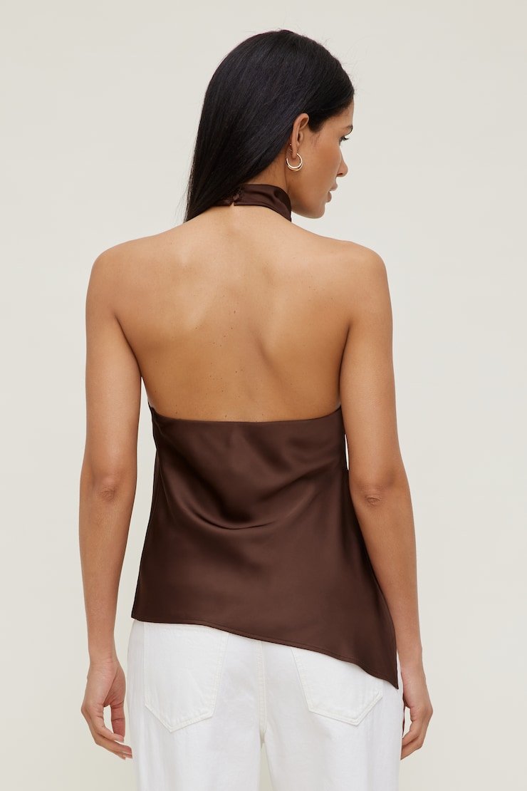 Asymmetric Satin Halter Blouse Rustwood Brown large