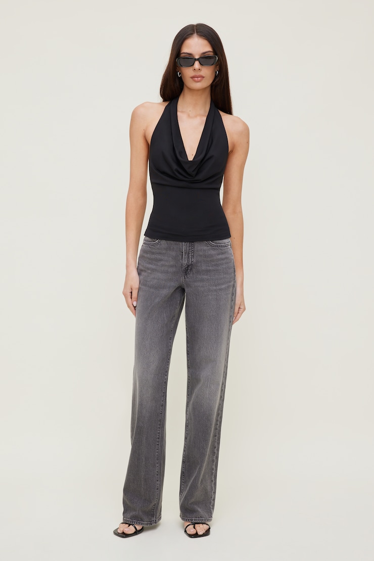 Cowl Neck Mesh Halter Top Jet Black large