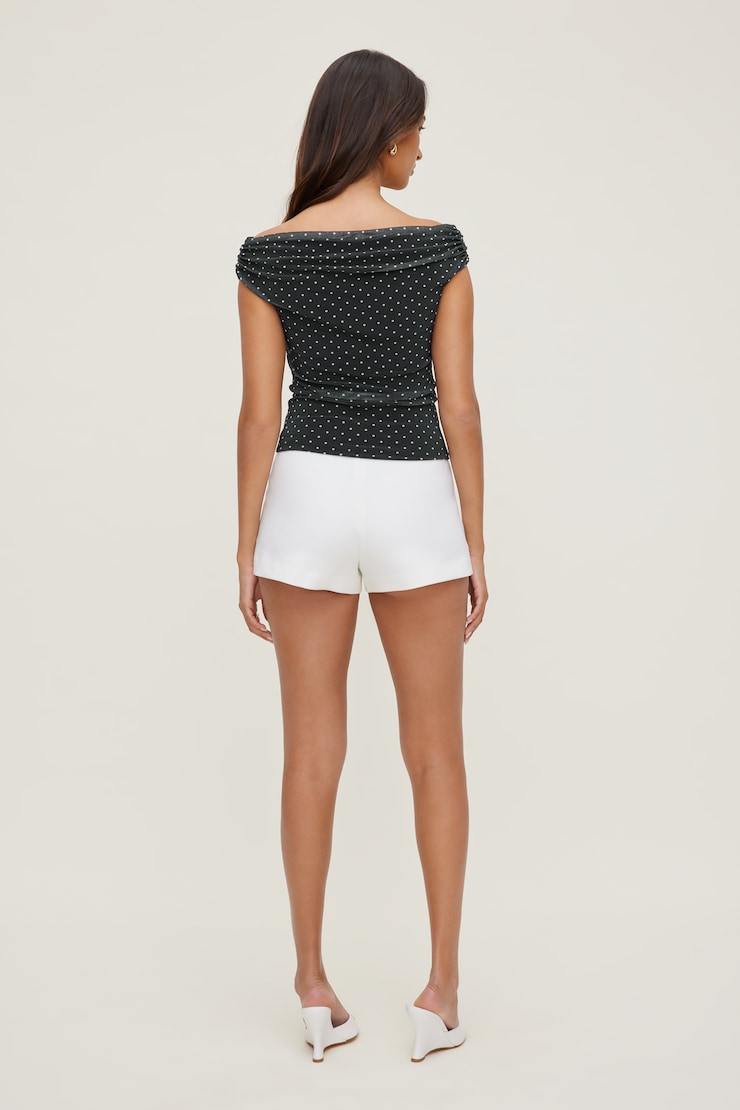 Off Shoulder Mesh Top Black w/ White Polka Dots large