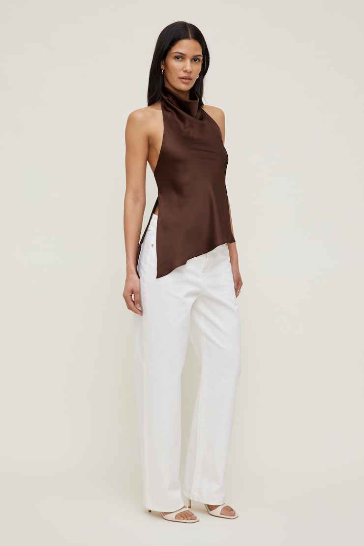 Asymmetric Satin Halter Blouse Rustwood Brown large