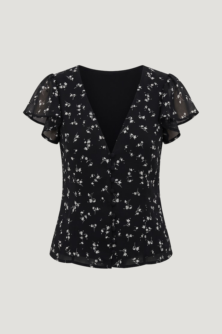 Flutter Sleeve Blouse Ditsy Floral Black large