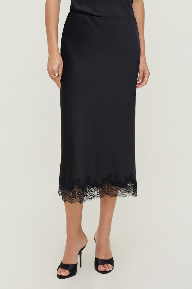Lace Satin Midi Skirt Jet Black large