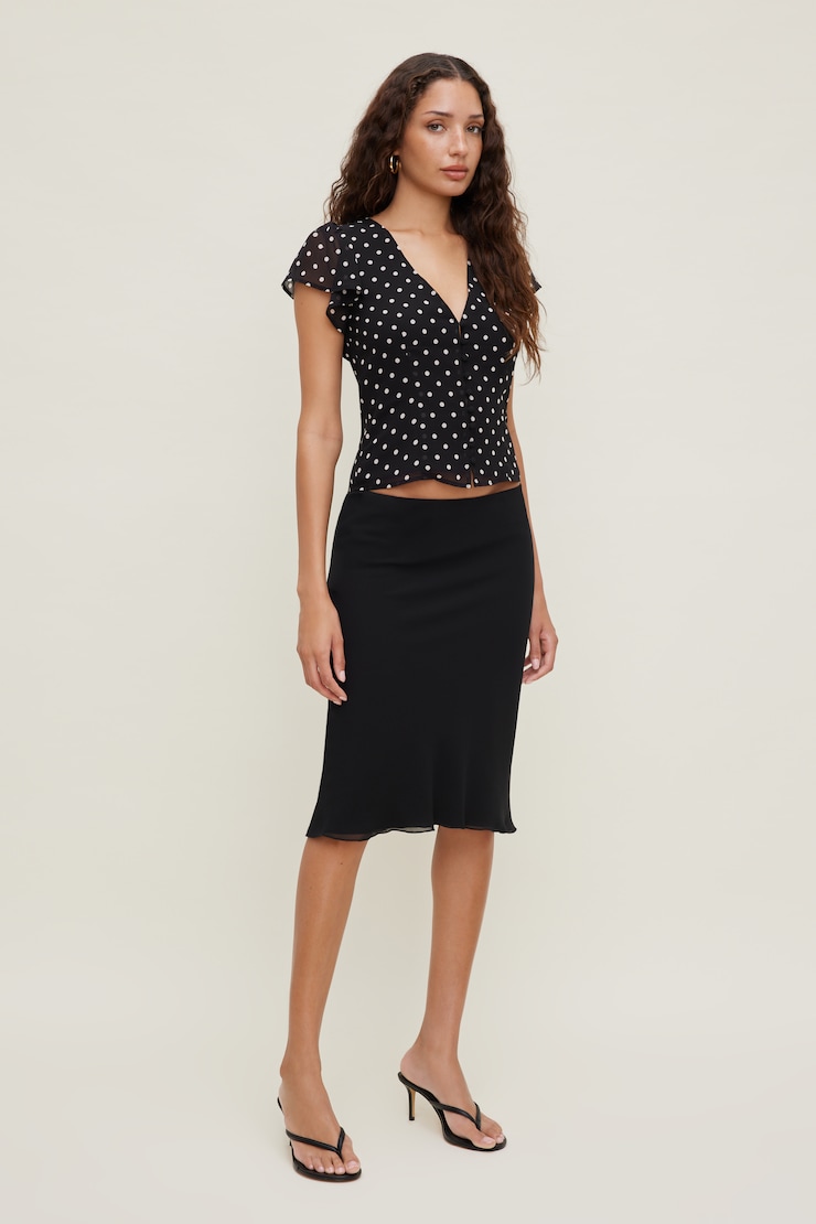 Flutter Sleeve Blouse Black w/ White Polka Dots large