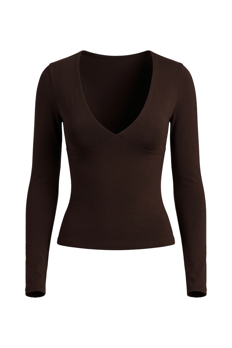 Sleek Plunge Longsleeve Top, Chocolate Mousse Brown, large