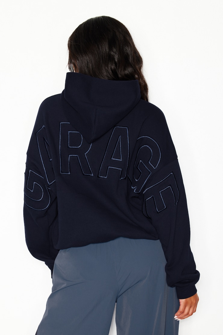UltraFleece Hoodie, Naughty Navy Blue with "GARAGE" Art, large