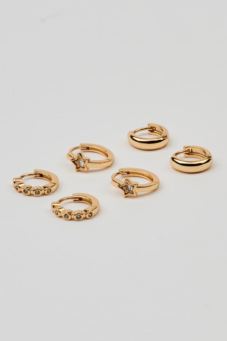 3 Pack Mini Stars & Gem Hoop Earrings, Clear/Gold, large