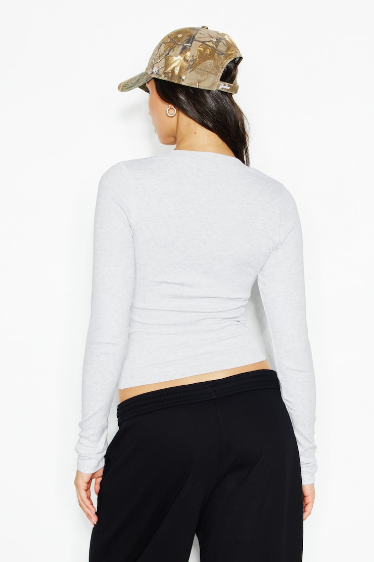 SnatchRib Crewneck Henley Long Sleeve Top, Spring Grey Mix, large