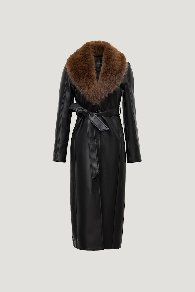 Manteau ceinturé en faux cuir Ciana Noir encre large