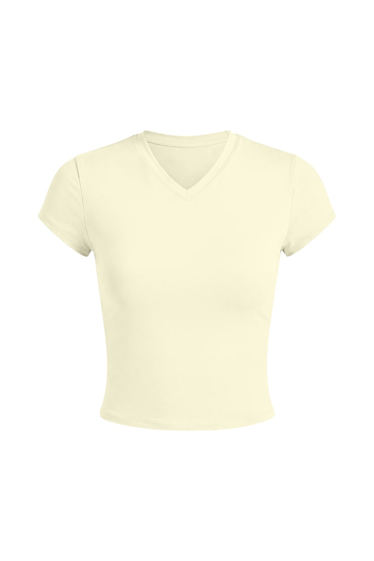 Sleek High V-Neck Short Sleeve Top, Pear Sorbet Yellow, large