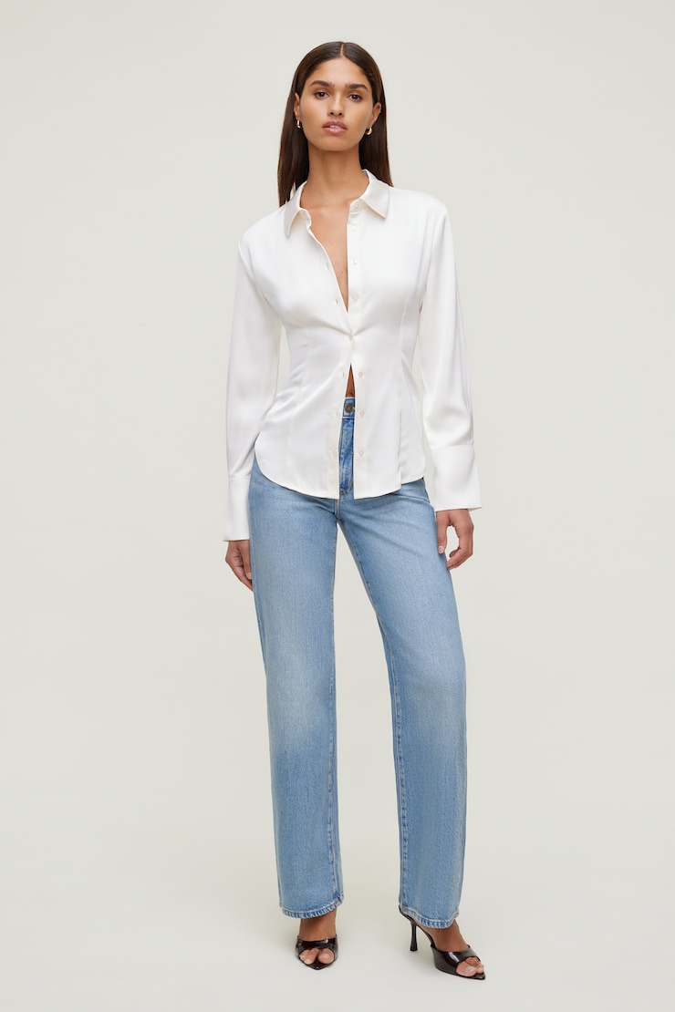 Eva Cinched Satin Shirt Sea Salt Cream large