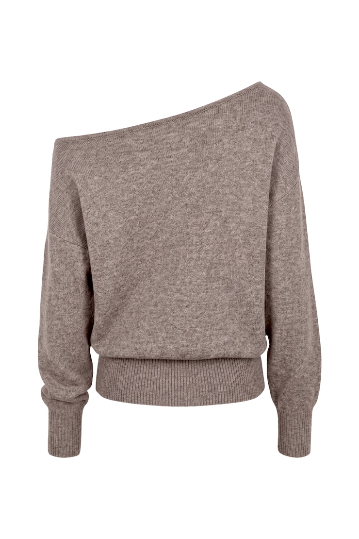 Long Sleeve Spongy Relaxed Off Shoulder Sweater, Hazelnut Melange, large