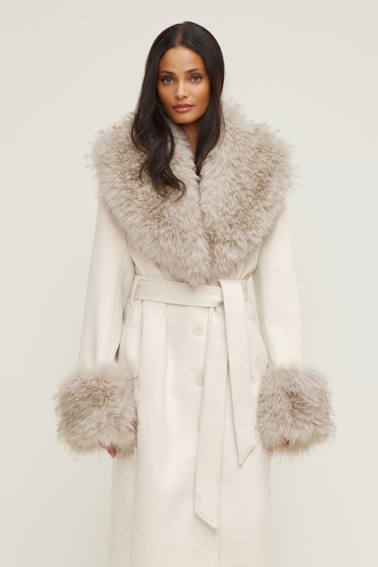Faux Fur Trim Wool Coat Sea Salt Cream large