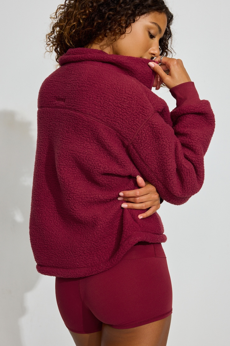 Sherpa Mock Neck Half Zip Sweater, Sour Cherry Burgundy, large