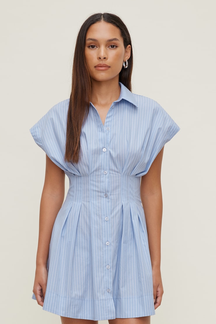 Poplin Mini Shirt Dress Blue Double Stripe large