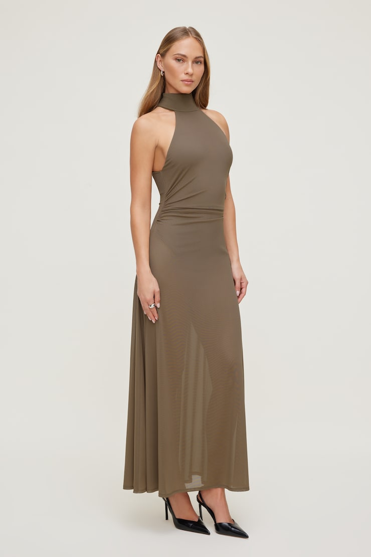 Sheer Mesh Halter Maxi Dress Wild Mushroom Brown large