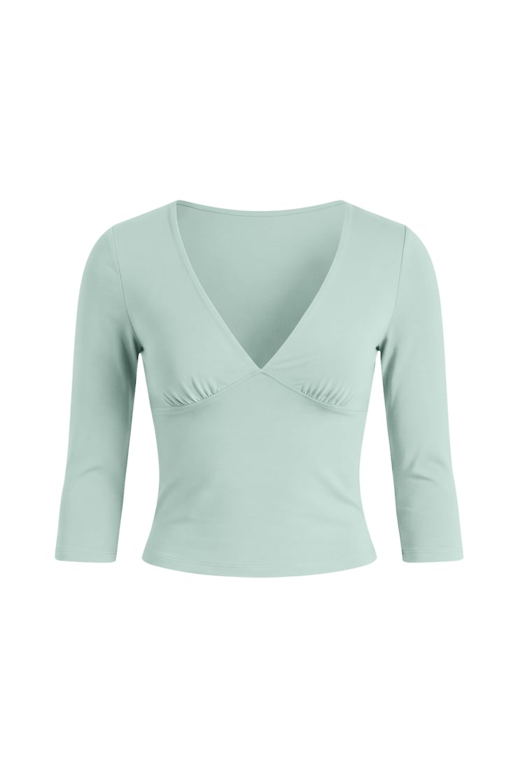 Plunge 3/4 Sleeve Top, Turquoise Trouble, large