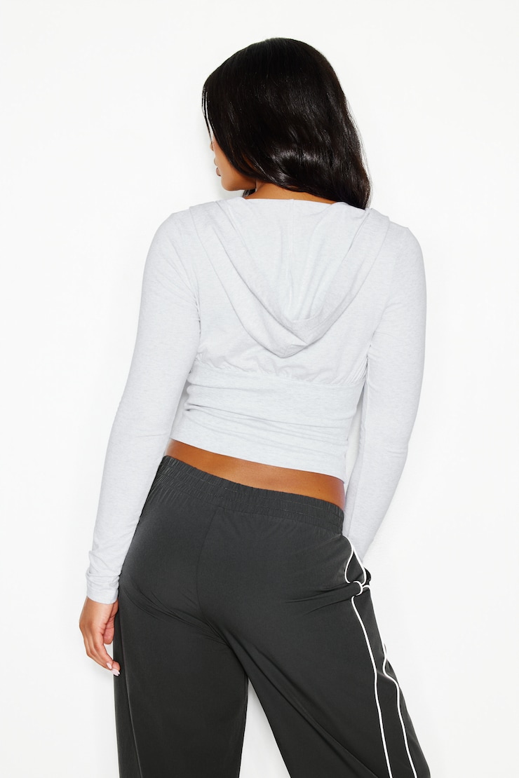 Plunge Hooded Long Sleeve Top, Spring Grey Mix, large