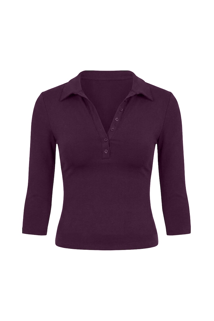 Sleek 3/4 Sleeve Polo Top, Wild Berry Maroon, large