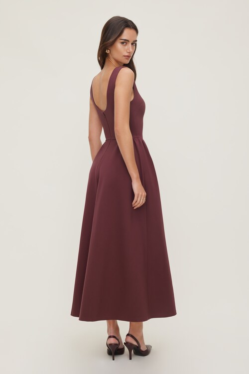 burgundy flossie midi dress Iris Ponte Color:Light Chambray Gathered detailing Edit: Miami Irne Coat - Black