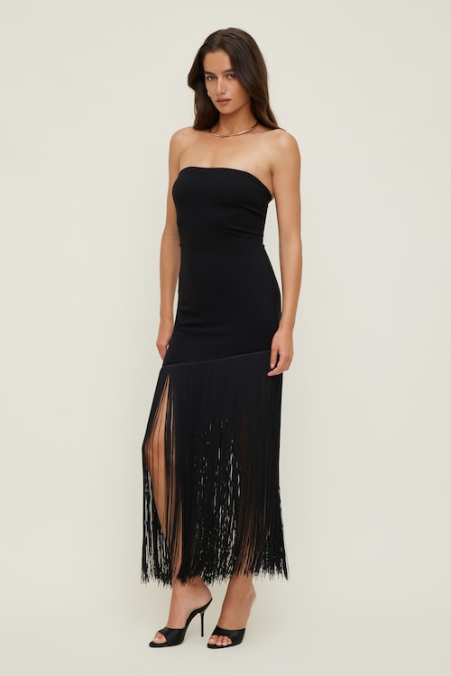 black dress with fringe bottom Midnight Drape yourself in stylish elegance with this black fringe sweater dress Ponte Fringe Maxi Tube Dress