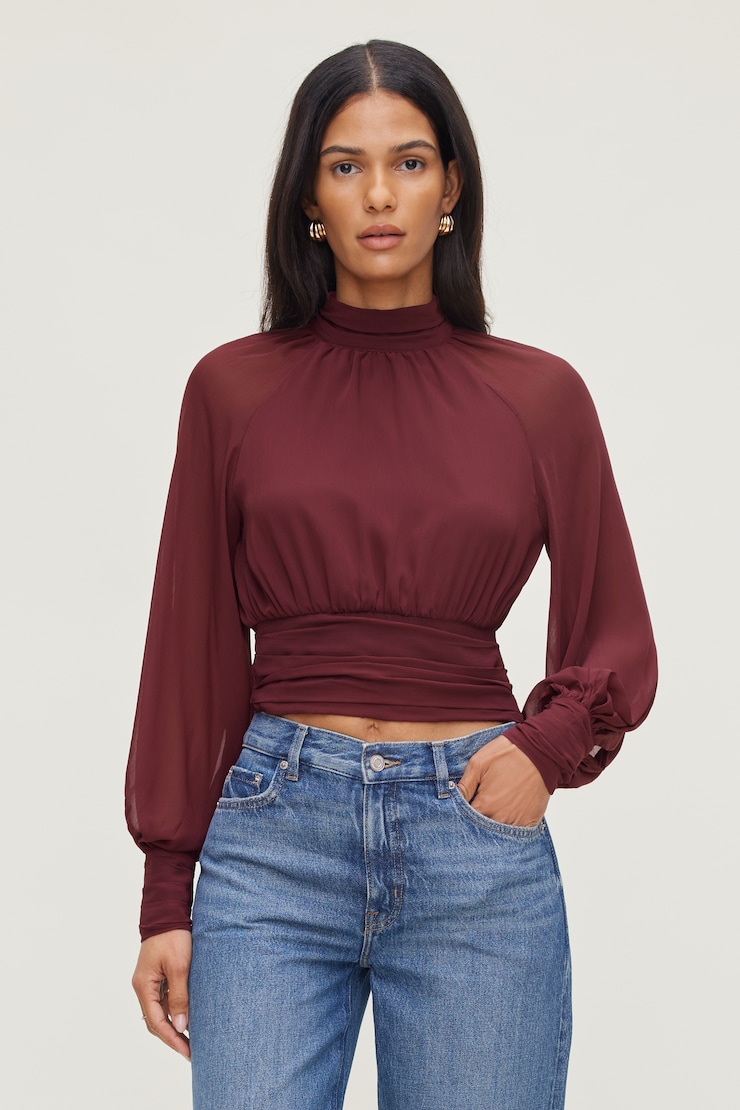 Blouse en chiffon à col montant Bourgogne zinfandel large