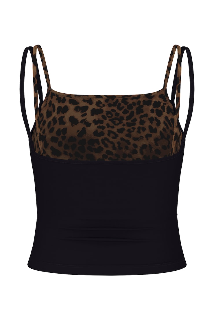 Sleek Double Layer Cami Top, Jet Black/Untamed Leopard, large