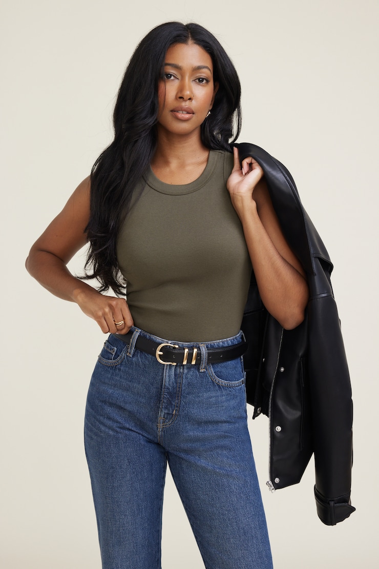 Camisole à col rond en coton Kaki mousse tropicale large