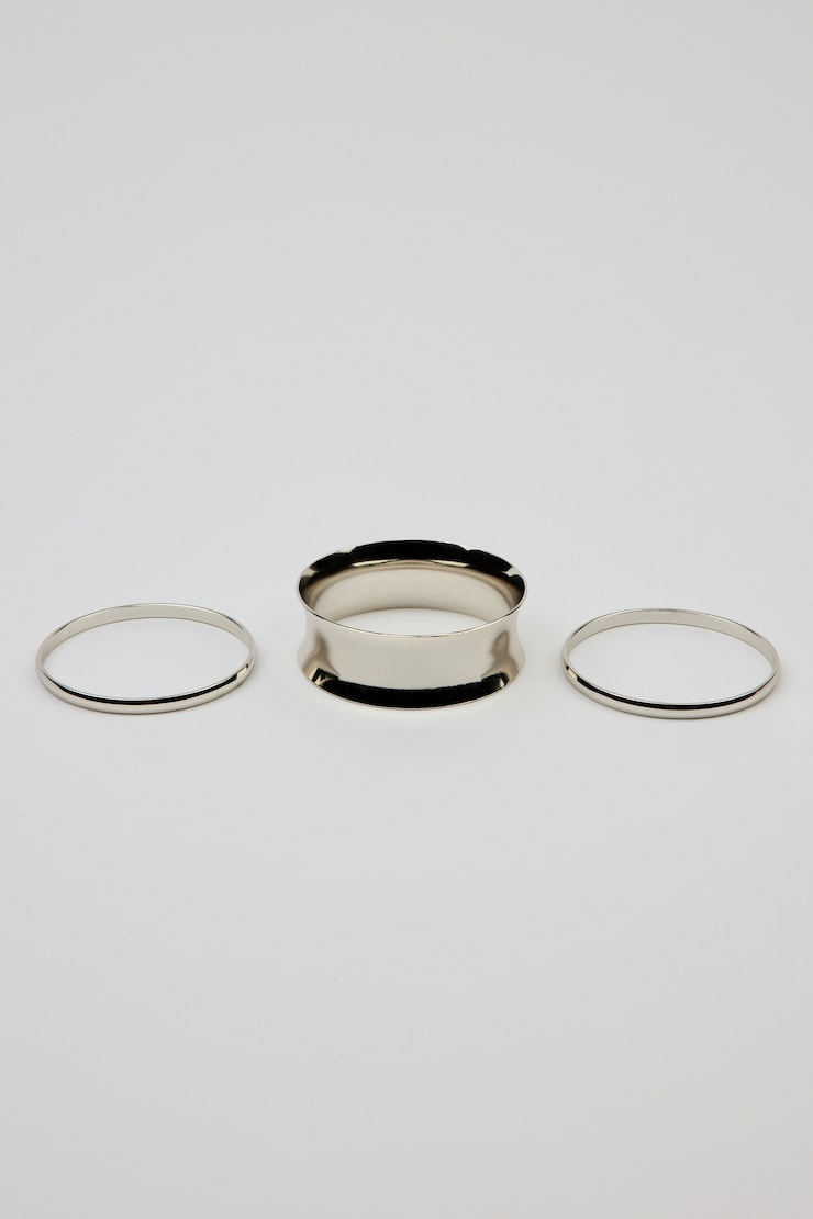 Set of 3 Convex & Wave Bangles, Silver, large