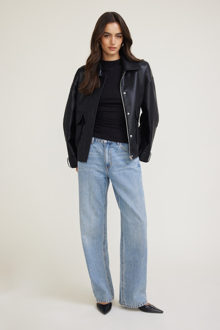 Oversized Faux Leather Aviator Jacket Black | Dynamite