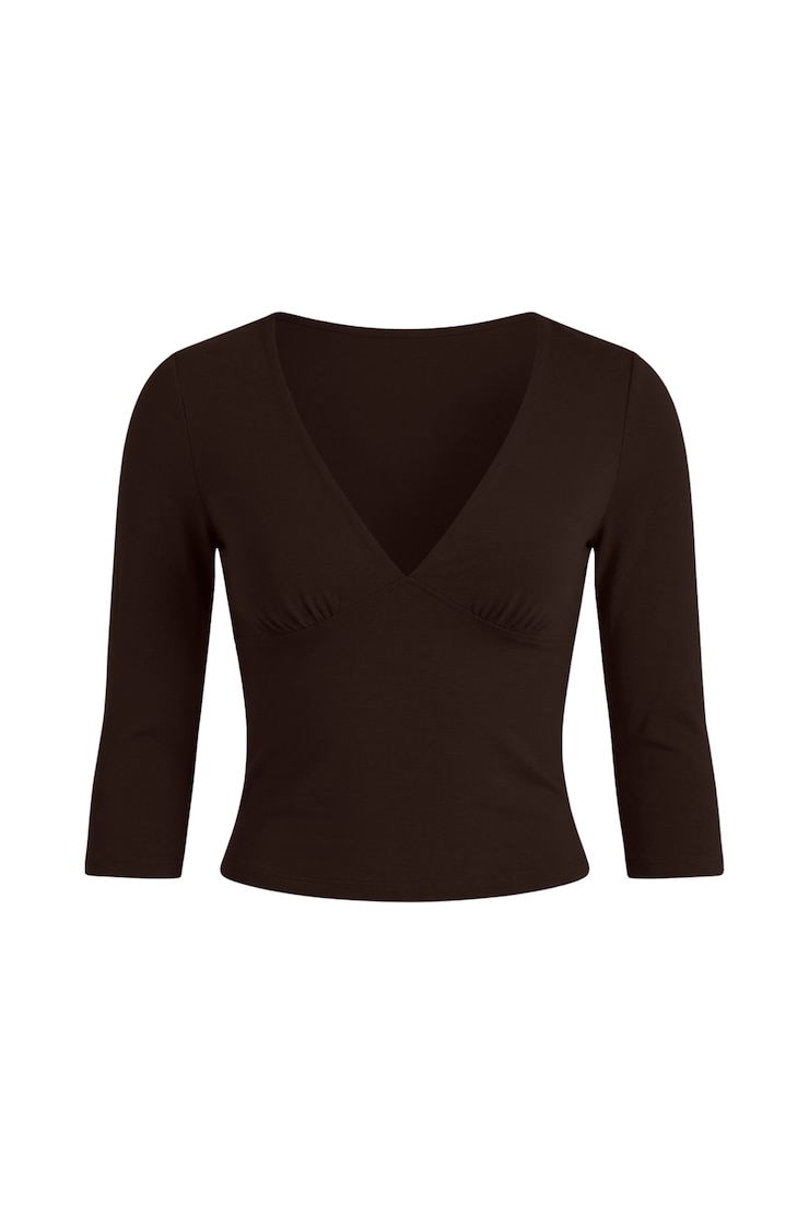 Plunge 3/4 Sleeve Top, CHOCOLATE MOUSSE, large