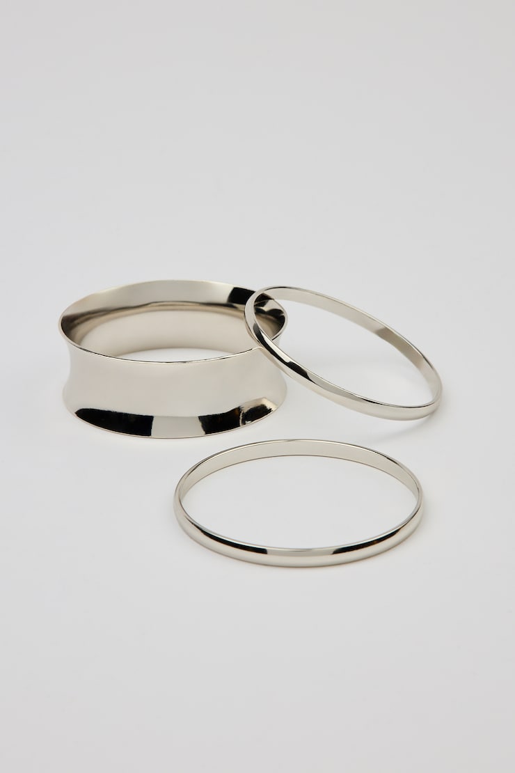 Set of 3 Convex & Wave Bangles, Silver, large
