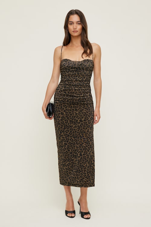 good american ruched mesh midi dress NWT Good American Mesh Bodycon Ruched Midi Dress Size 8 5XL 28 Leopard Animal