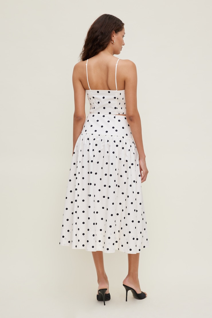 Drop Waist Poplin Midi Skirt White w/ Black Polka Dots large