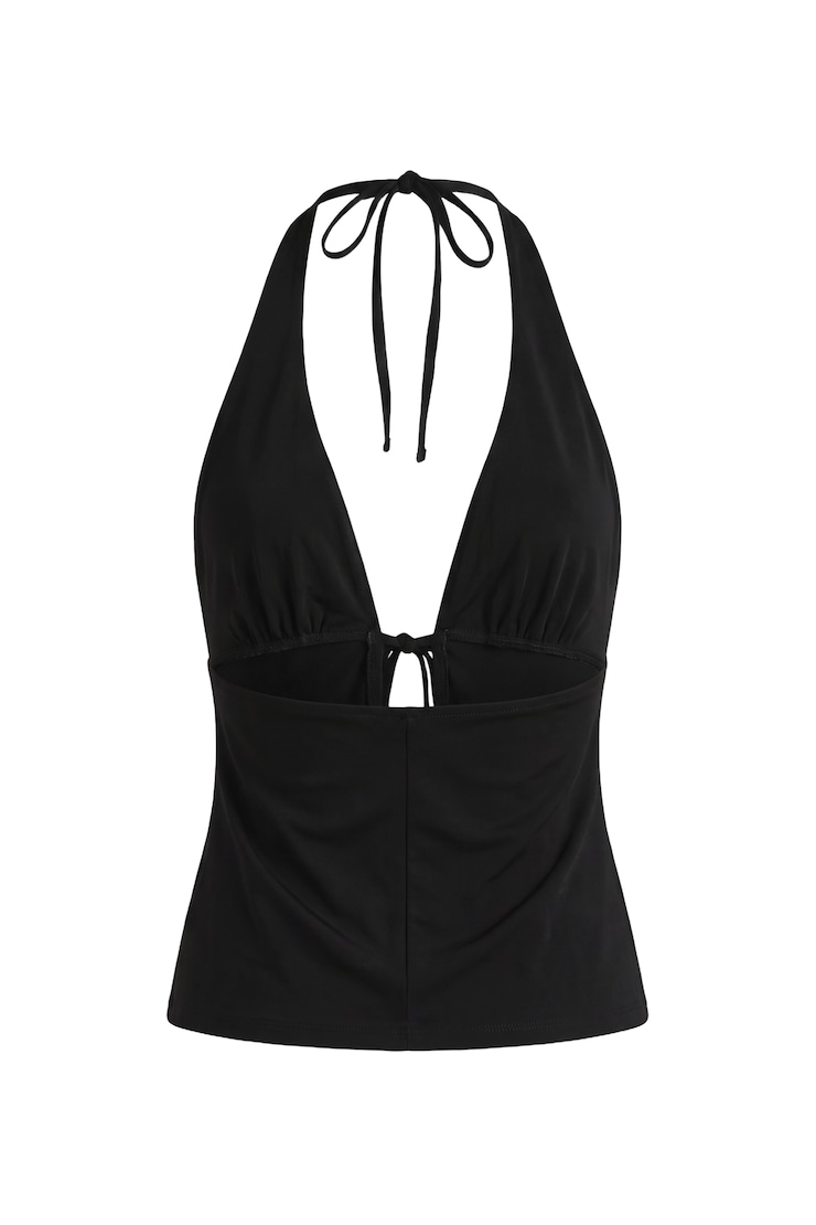 Plunge Tie Front Halter, Jet Black, large