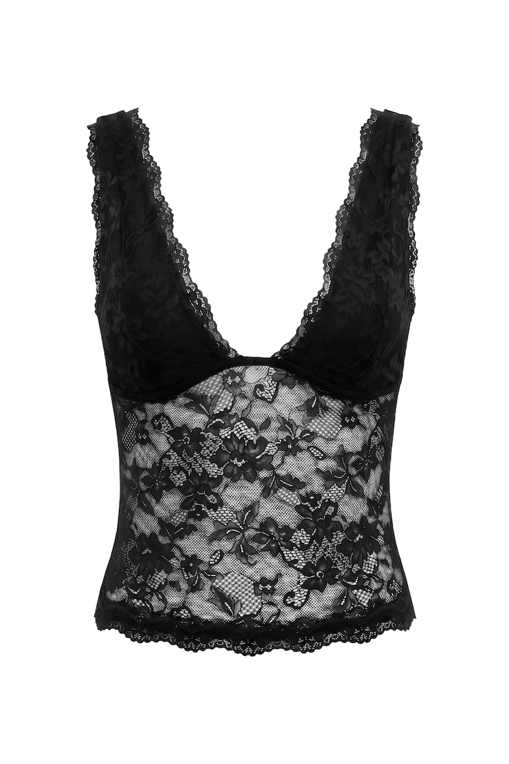 Lace Plunge Tank Top, Jet Black, large