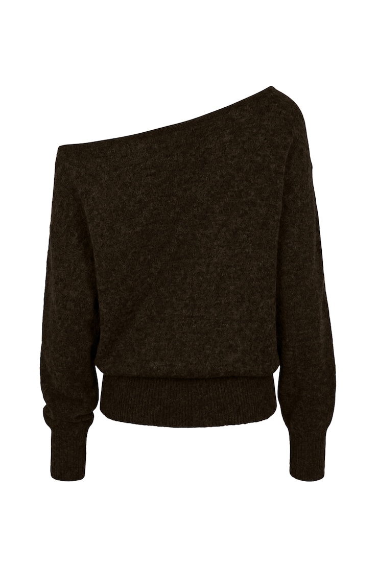Long Sleeve Spongy Relaxed Off Shoulder Sweater, French Roast Melange, large