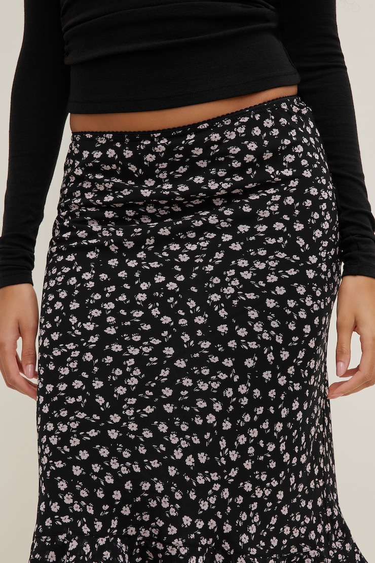Ruffled Georgette Midi Skirt Black Floral large