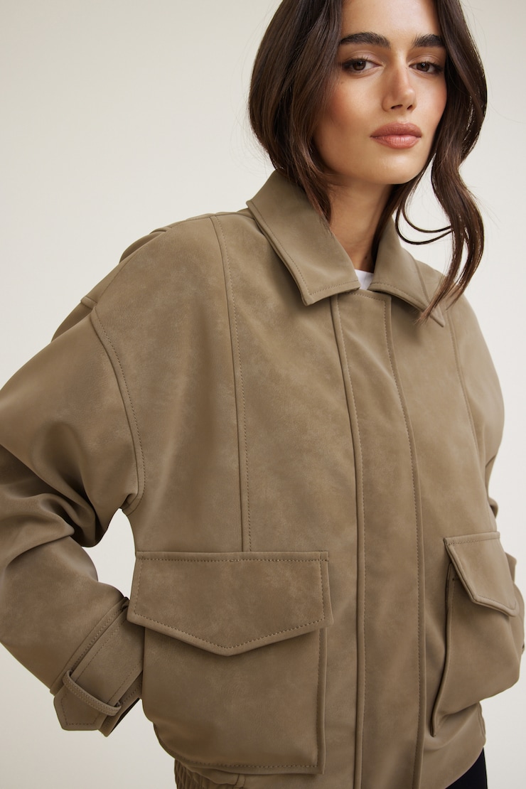 Oversized Faux Suede Aviator Jacket Cinnamon Toast Brown Faux Suede large