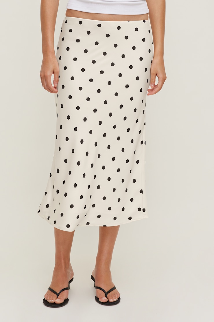 Delila Satin Midi Skirt Off White w/ Black Polka Dots large