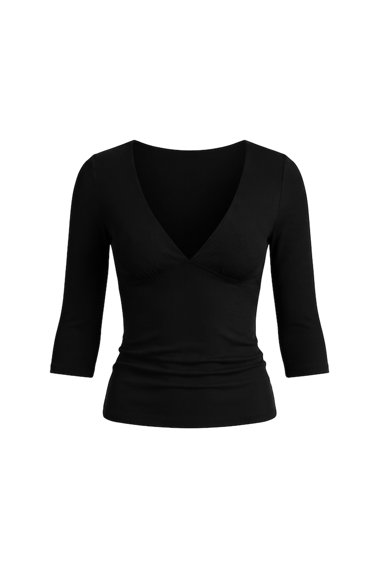 Plunge 3/4 Sleeve Top, Jet Black, large