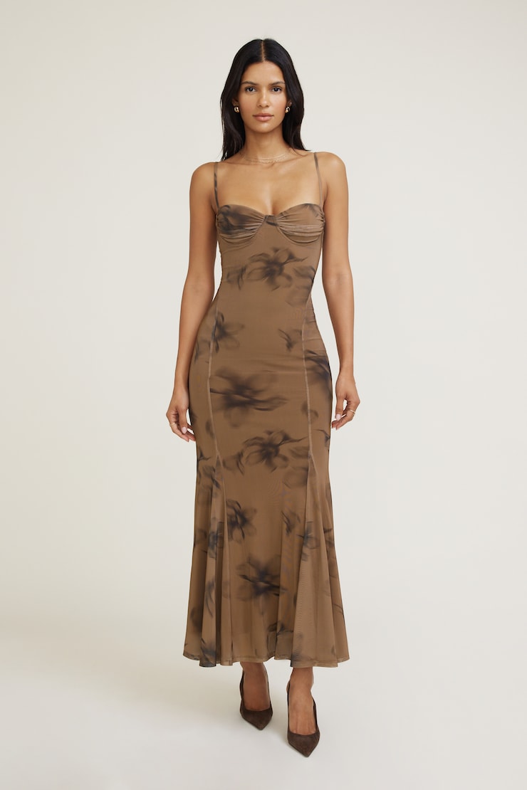 Monet Mesh Maxi Dress Brown Floral large