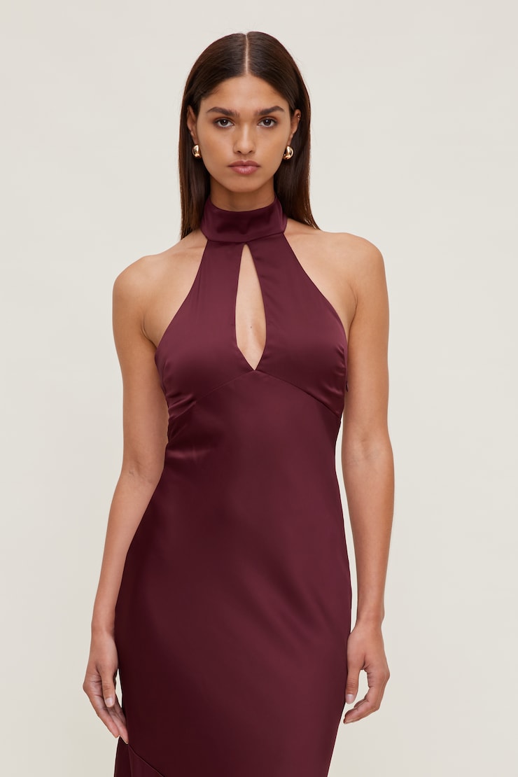 Keyhole Satin Maxi Slip Dress Maroon Banner large