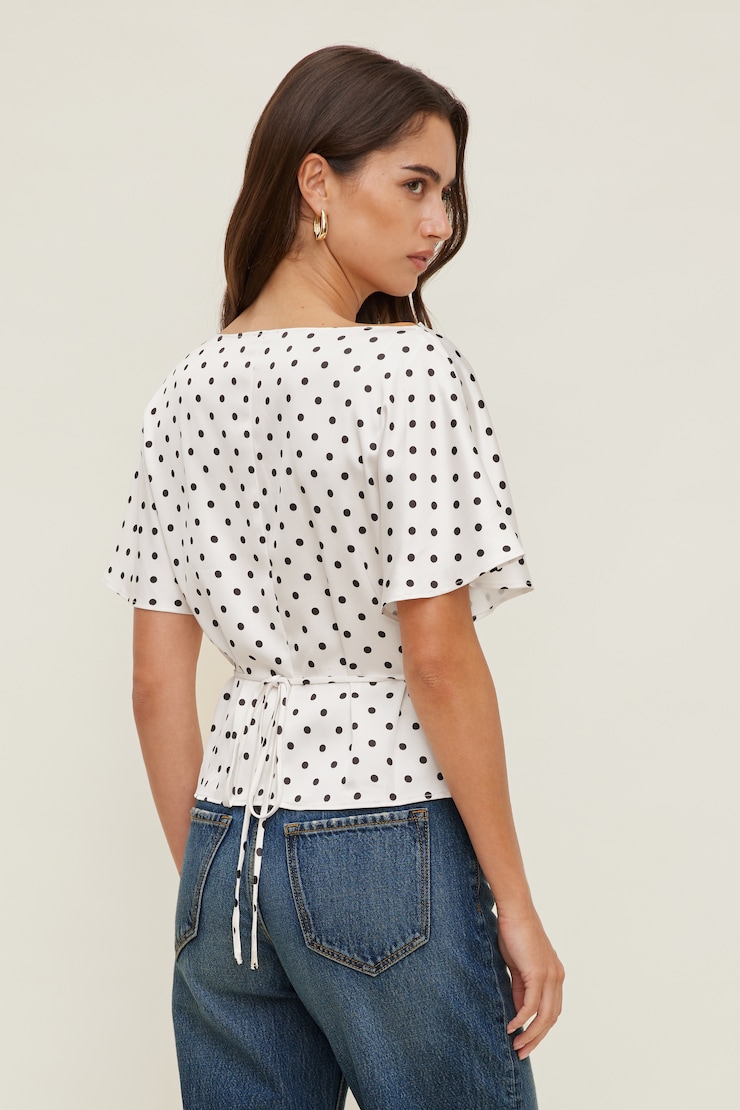Farra Satin Blouse White w/ Black Polka Dots large