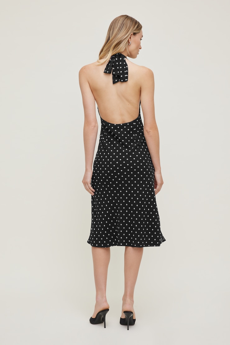 Elena Halter Midi Dress Black w/ White Polka Dots large